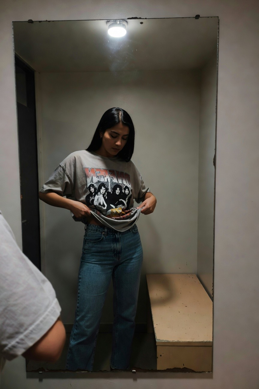 Woman in fitting room mirror selfie wearing oversized faded gray KISS Destroyer band t-shirt lifted at hem to show midriff paired with high-waisted light blue straight-leg jeans hands adjusting shirt edges casual pose
