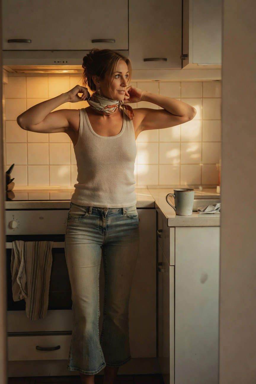 Woman in a kitchen wearing a white sleeveless ribbed tank top, orange patterned scarf tied around her neck, and light blue flared cropped jeans, standing with arms raised adjusting the scarf, casual summer outfit.