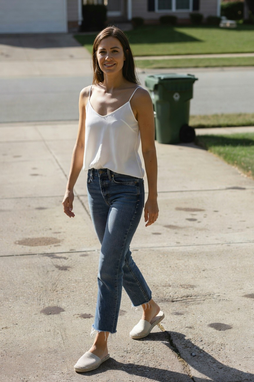 Woman in her 30s walking casually on a concrete driveway wearing a white spaghetti-strap camisole tank top, slim blue ankle-crop jeans with frayed hems, and white woven espadrille slide mules, smiling slightly with hair loose