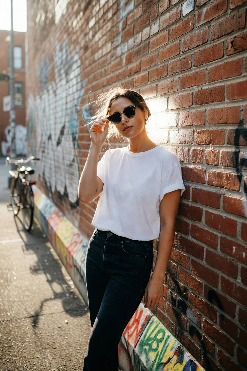 Woman leaning casually against a brick wall in a loose white short-sleeve t-shirt with rolled cuffs, high-waisted straight black jeans, sunglasses held in one hand, subtle necklace and ring accessories, urban street art backdrop