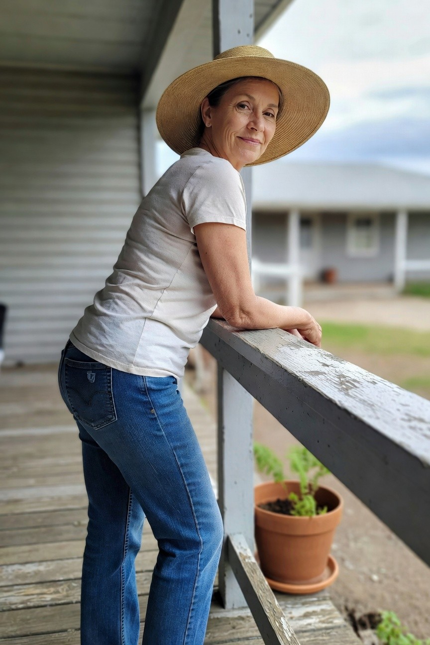 Side profile of mature woman wearing wide-brim straw hat, loose white short-sleeve t-shirt, and fitted dark blue jeans, leaning against wooden porch railing with potted plant nearby
