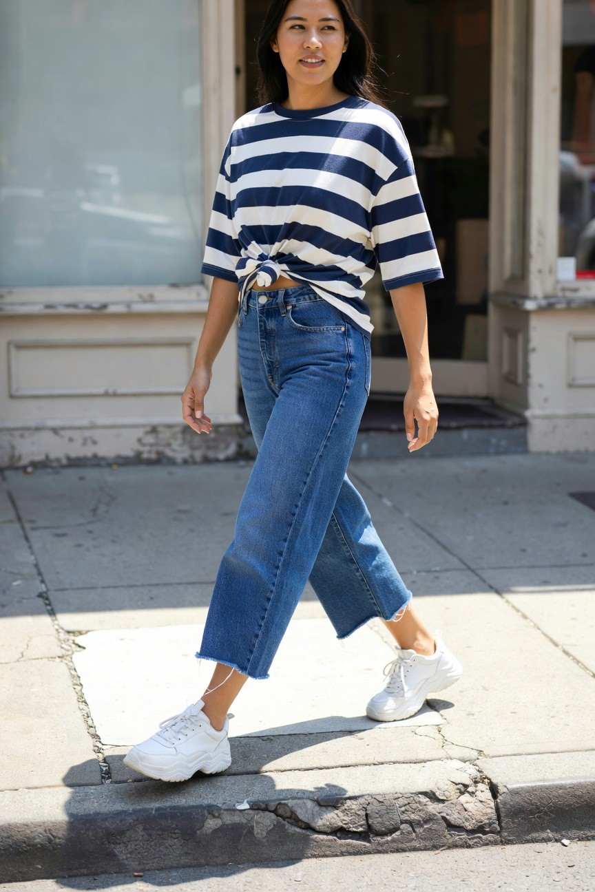 Woman in a knotted navy-and-white striped short-sleeve tee, high-waisted wide-leg blue jeans with frayed hems, and white chunky sneakers, walking on a sidewalk