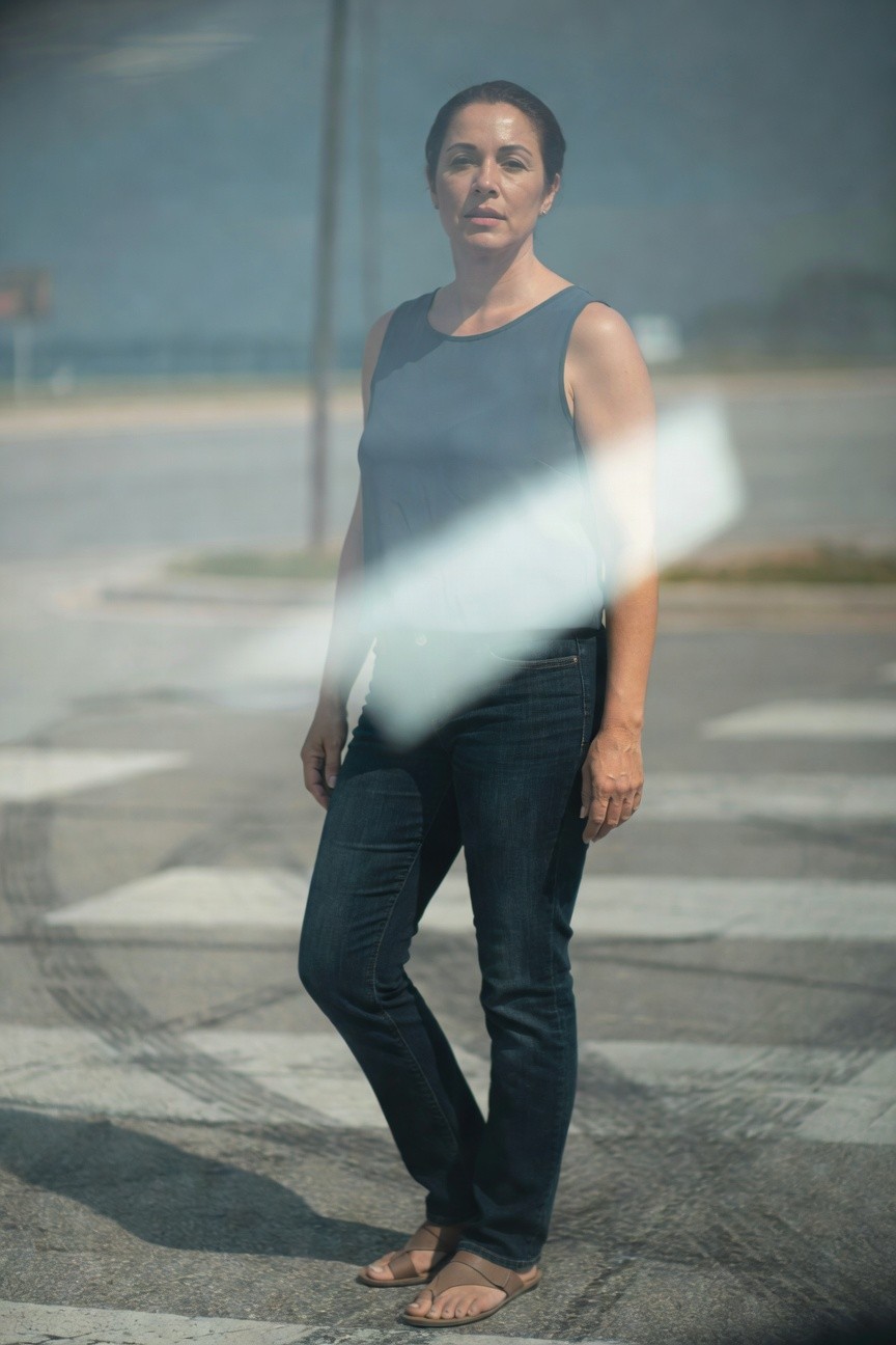 Woman in navy sleeveless tank top, dark straight-leg jeans, and brown flat sandals, standing casually outdoors