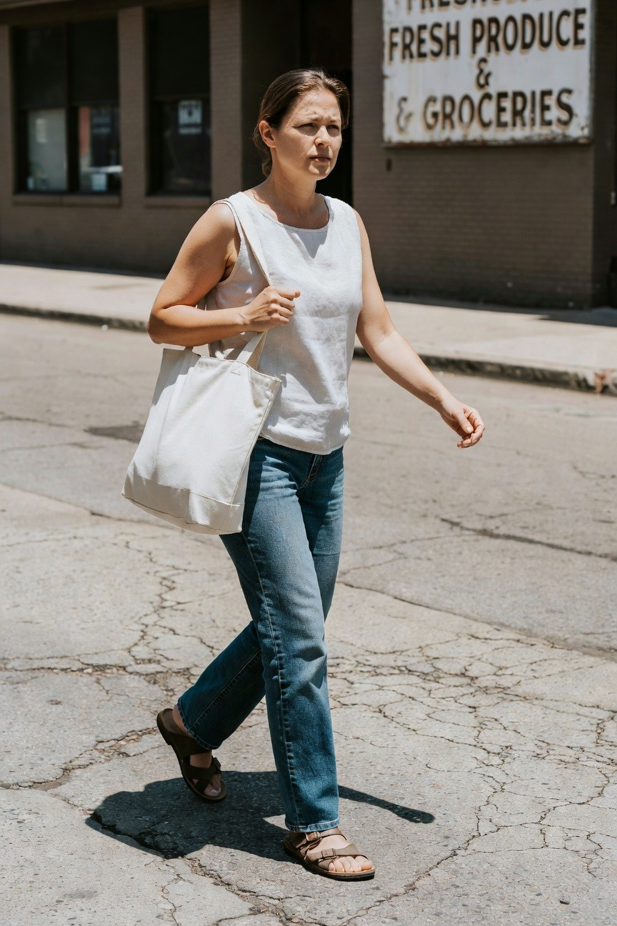 Mid-30s woman with brunette hair walking on cracked sidewalk in white sleeveless tank top, straight-leg blue jeans, tan strappy sandals, and white canvas tote bag, brick storefront in background
