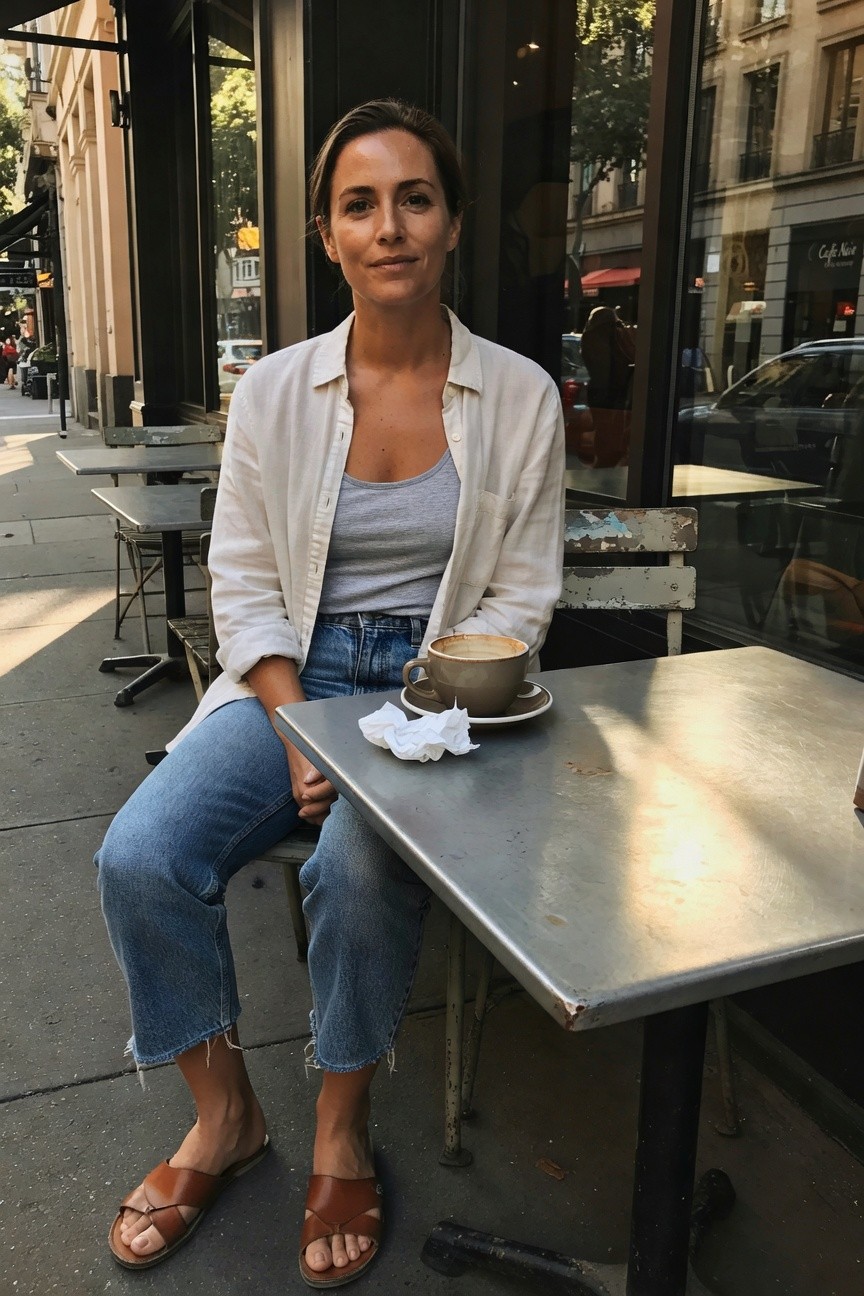 Woman seated at metal cafe table in open white button-down shirt over gray tank top, high-waisted light blue cropped frayed jeans, tan leather cross-strap sandals, holding cappuccino cup with saucer and napkin nearby