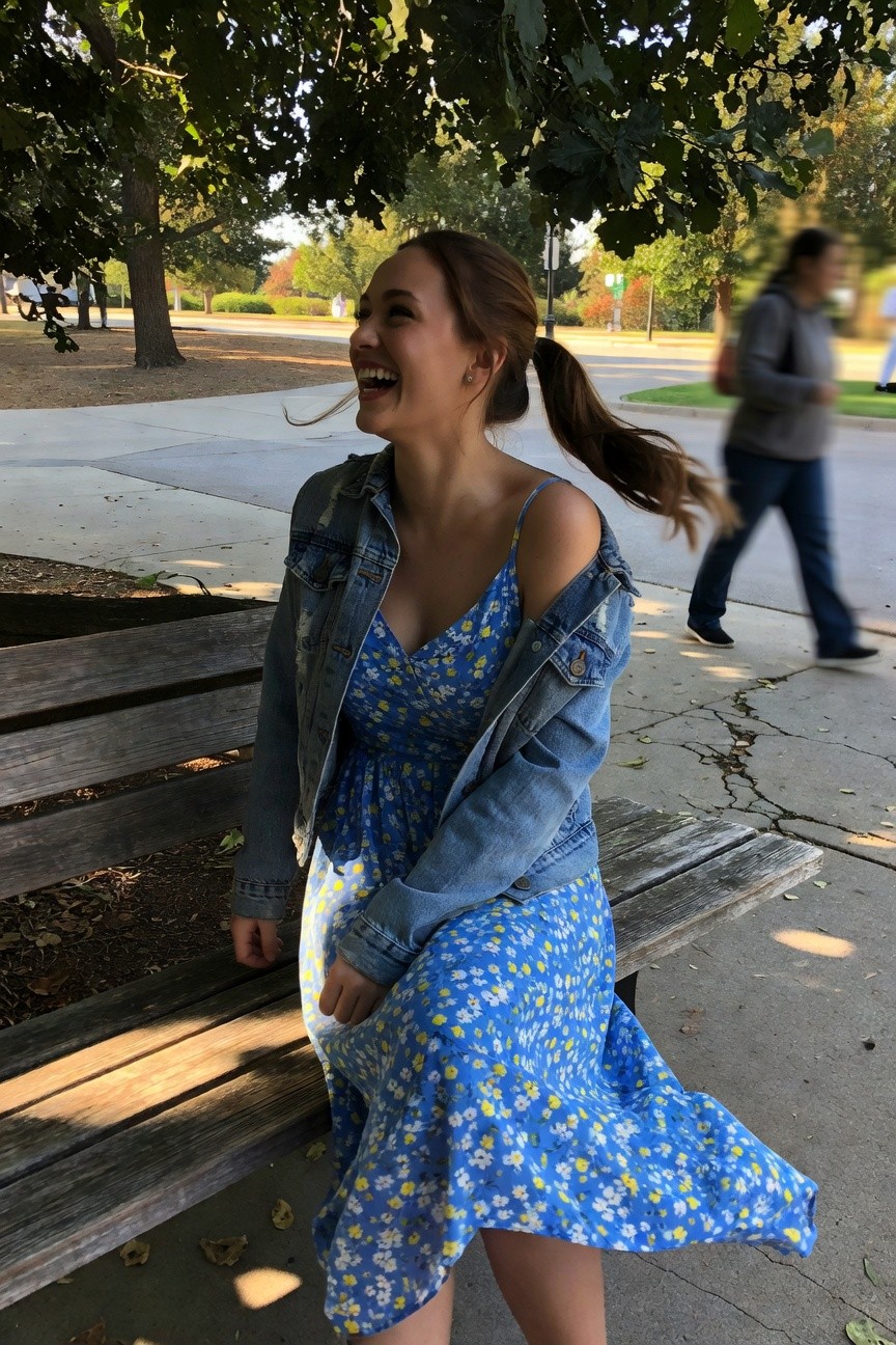 Woman laughing on a park bench in a blue floral sundress with yellow daisies, deep V-neckline, thin straps, cinched waist, flared skirt, layered with an open distressed denim jacket, ponytail hairstyle, casual summer outfit.