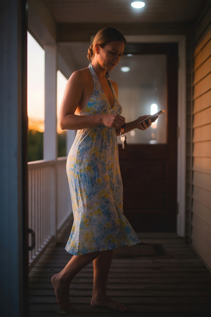 Woman standing on porch in light blue floral halter sundress with yellow flowers, holding phone and keys on leather fob, barefoot, side view