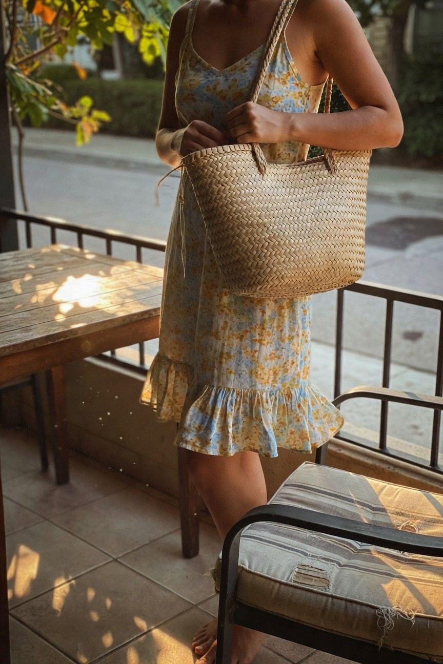 Woman standing in light blue floral print spaghetti strap sundress with ruffled hem holding large woven straw tote bag barefoot on tiled balcony near wooden table and chair
