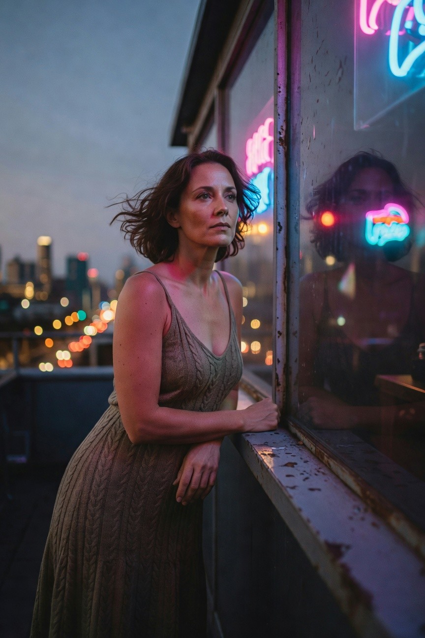 Woman in olive knit spaghetti-strap midi sundress leaning against a rusty window frame on a rooftop, city lights and neon signs reflecting in the glass behind her