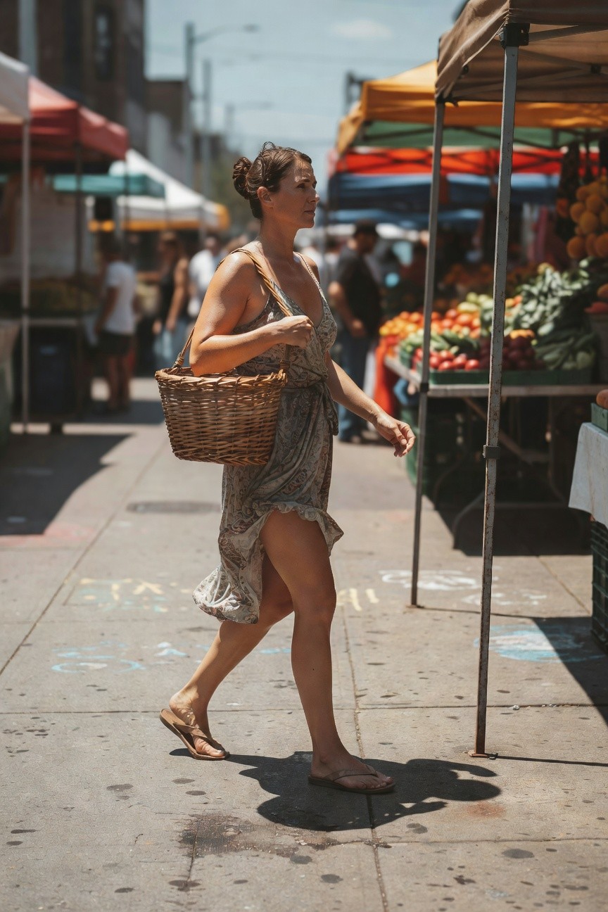Woman walking in a short flowy beige patterned sundress with spaghetti straps, carrying a wicker basket bag on her arm, wearing tan flip flops, at an outdoor market.