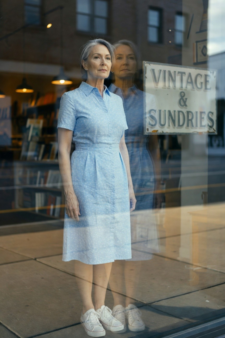Older woman with silver hair standing outside a vintage shop window, wearing a light blue linen short-sleeve button-front knee-length sundress with white low-top sneakers