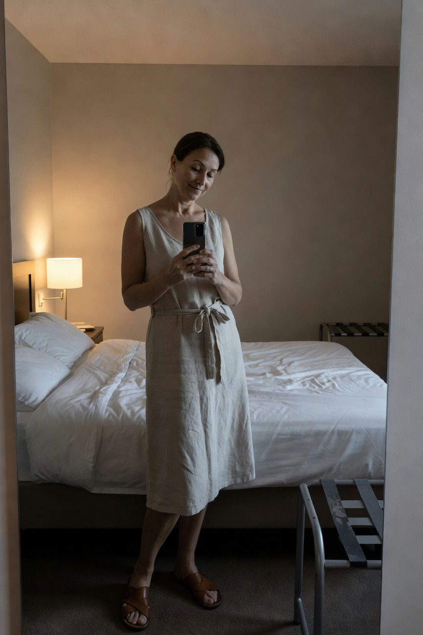 Mirror selfie of a woman in a beige sleeveless linen sundress with waist belt, holding a phone, wearing brown leather cross-strap slide sandals, standing in a hotel room with bed and lamp in background