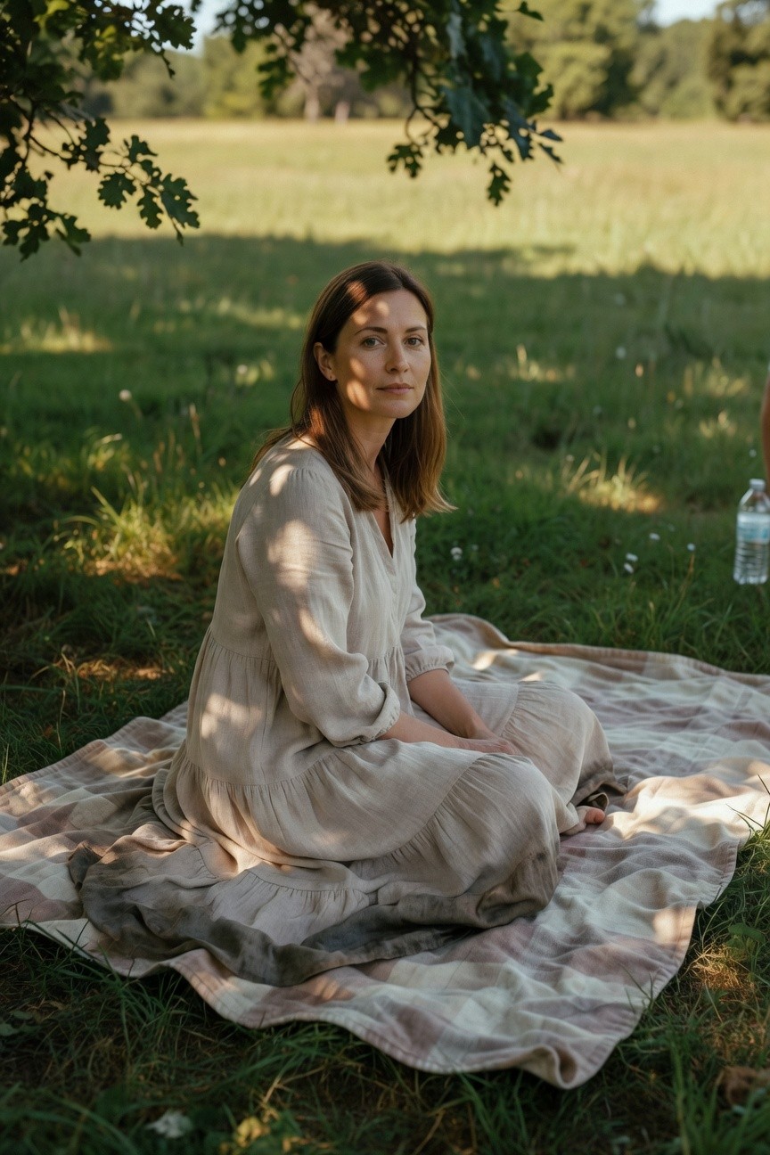 Woman sitting on a checkered picnic blanket in a grassy area wearing a long-sleeved cream tiered maxi sundress with loose fit and gathered skirt tiers, hands folded in lap, water bottle nearby