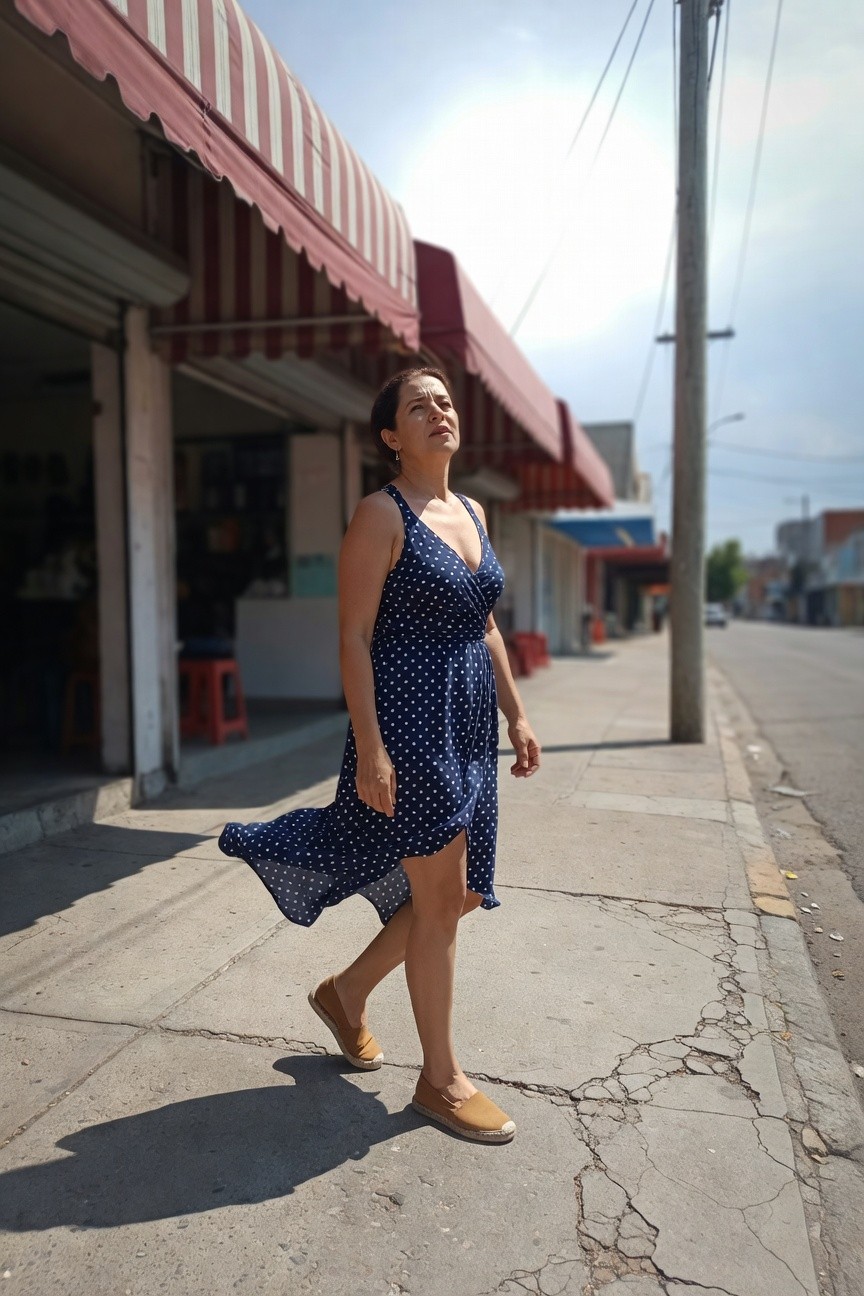 Woman walking in a navy blue polka dot sleeveless sundress with wrap neckline and flared skirt, paired with tan espadrilles, dress flowing mid-stride on a sidewalk