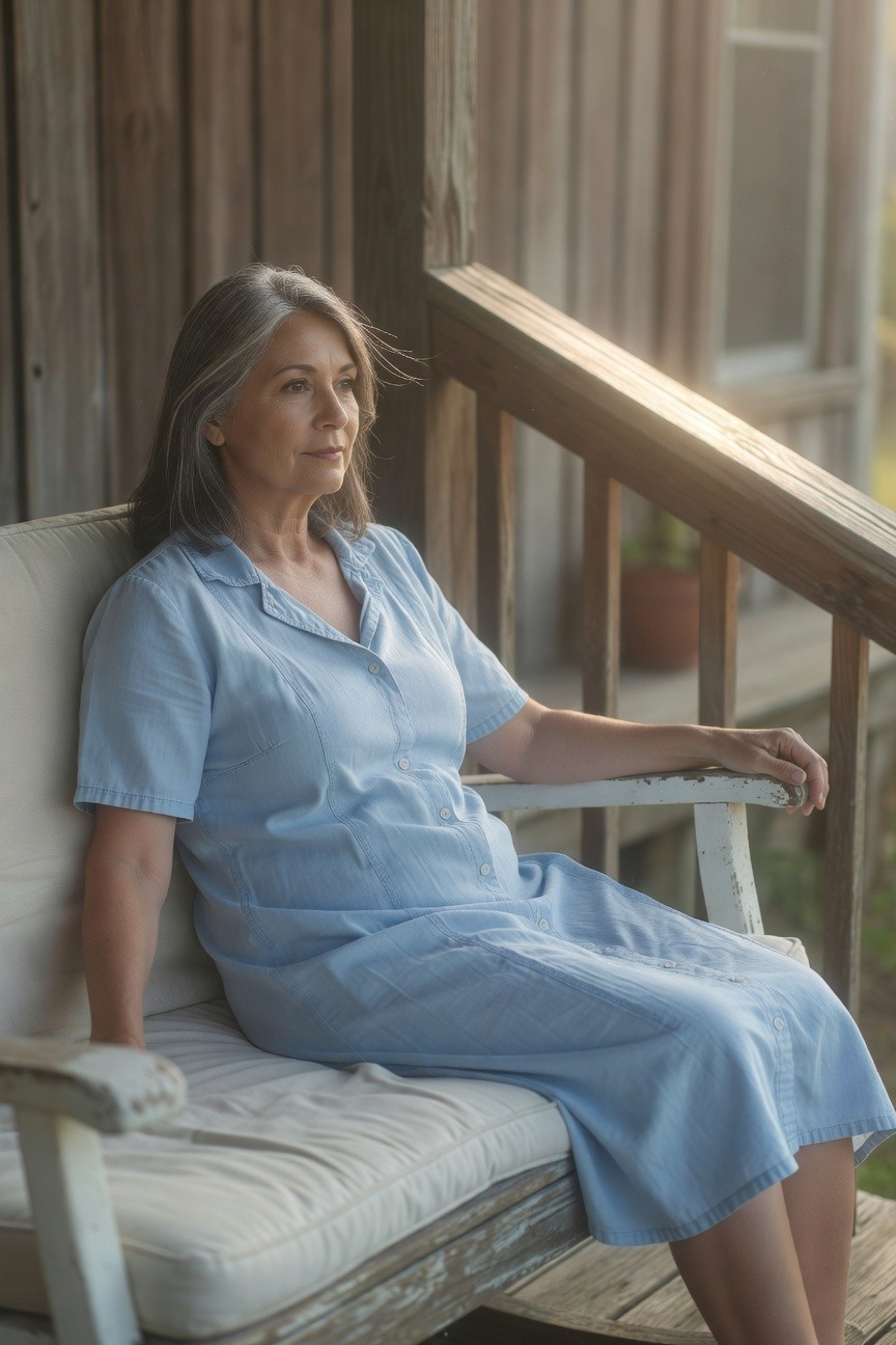 Older woman with gray hair wearing a light blue short-sleeved collared sundress with button front, sitting sideways on a white porch swing chair, hand resting on arm, relaxed pose