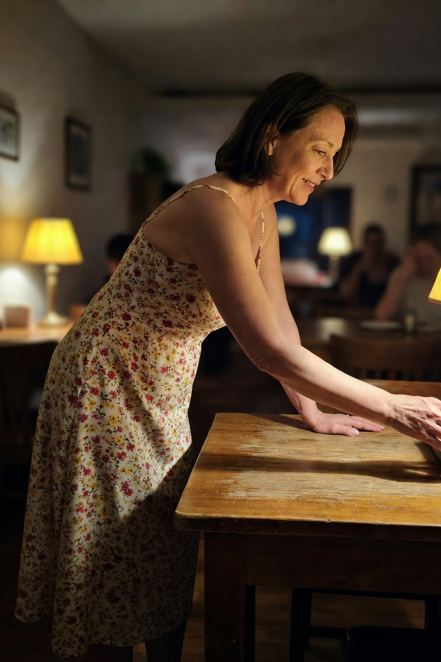 Woman in her 50s leaning over a wooden table in a cream floral sundress with pink and yellow flowers, thin spaghetti straps, mid-calf length skirt, warm indoor lighting highlighting the dress fabric