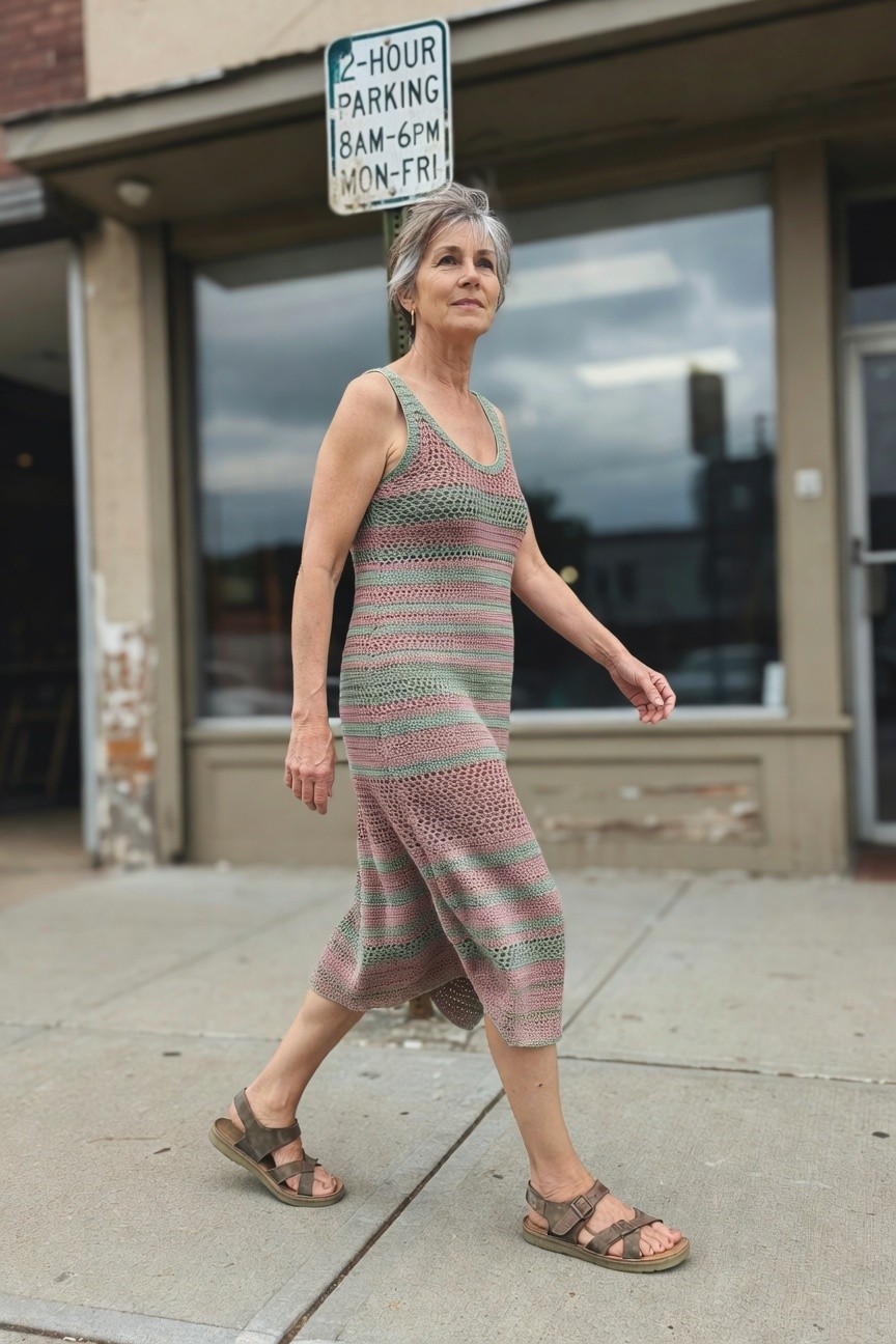 Silver-haired woman in her 50s smiling while walking in a colorful pink-and-green striped knit tank sundress to mid-calf length paired with brown leather strappy wedge sandals on a city sidewalk