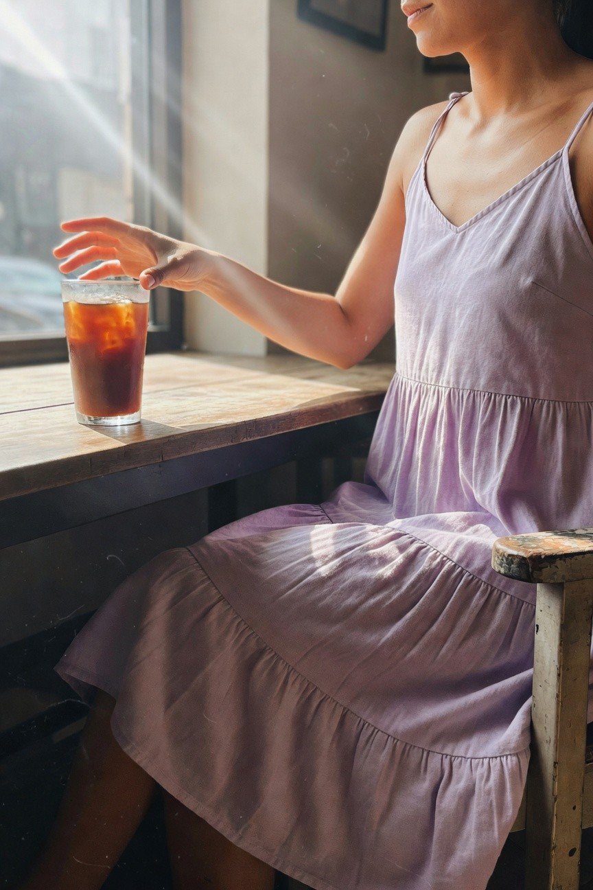 Woman in pale lilac tiered spaghetti-strap sundress seated at wooden table, hand holding tall glass of iced tea, soft sunlight filtering nearby