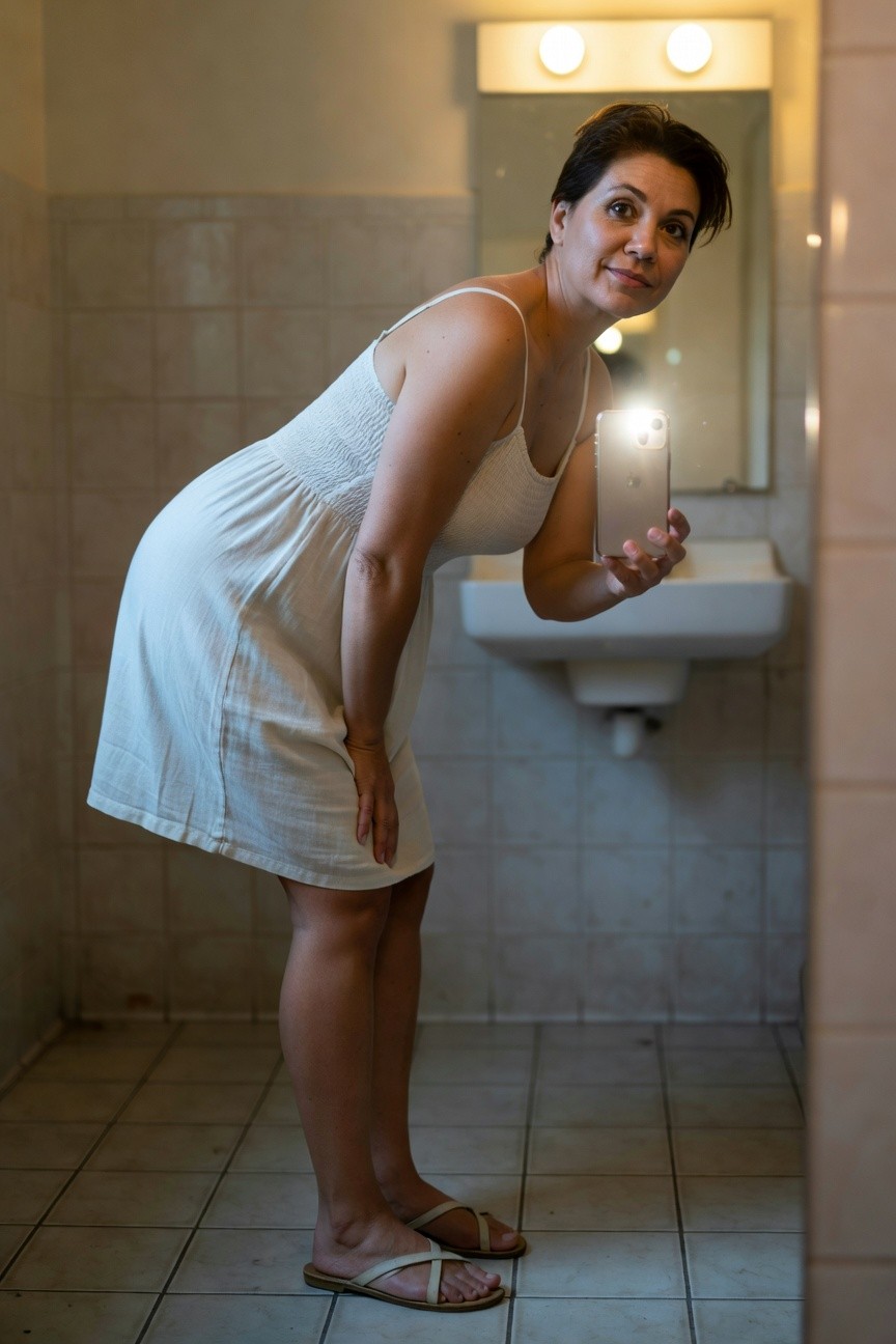 Woman in white spaghetti-strap smocked sundress bending forward for a bathroom mirror selfie on iPhone, highlighting the dress's flow and paired with tan cross-strap flip-flops on tiled floor