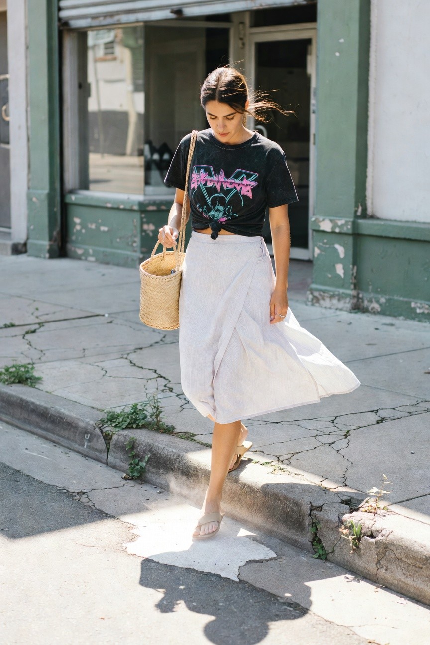 Woman walking on cracked sidewalk in black graphic band tee with neon accents, cream wrap skirt, straw tote bag, and beige flat sandals, hair blowing slightly