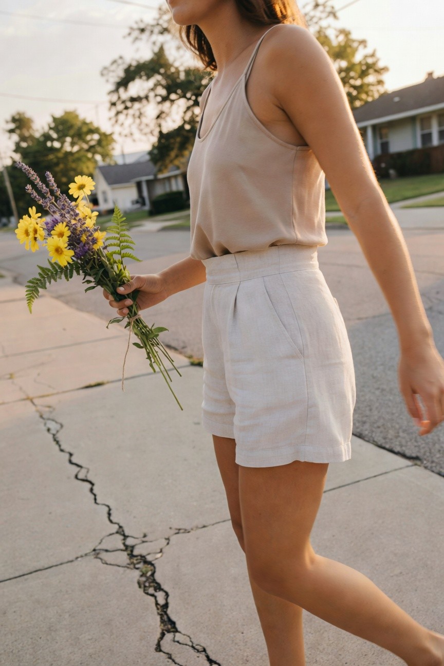 Side view of woman in beige thin-strap tank top and high-waisted white pleated linen shorts holding a bouquet of yellow flowers lavender and ferns while walking on cracked sidewalk