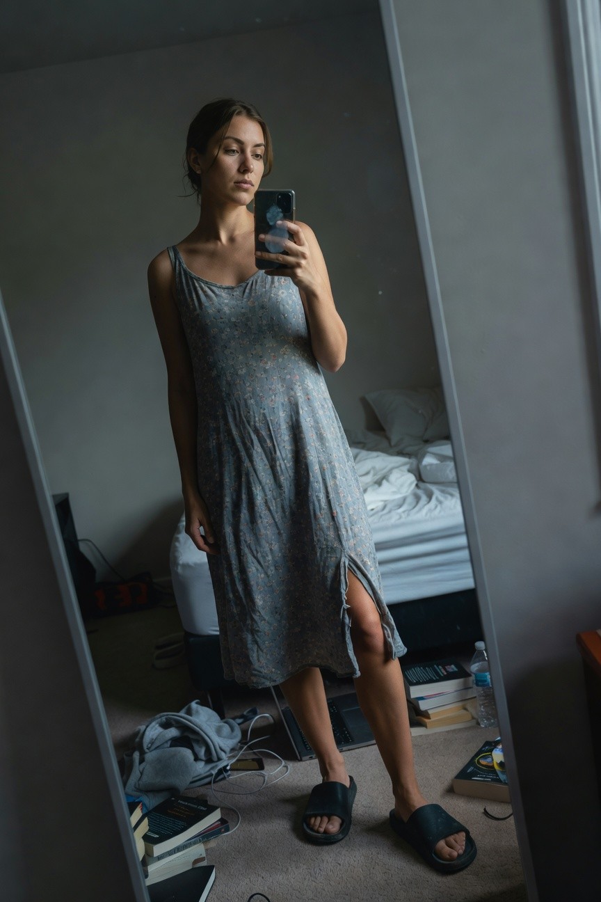 Mirror selfie of a woman in a sleeveless gray floral print midi dress with side slit, wearing black flip-flop sandals, standing in a bedroom with books and bed visible