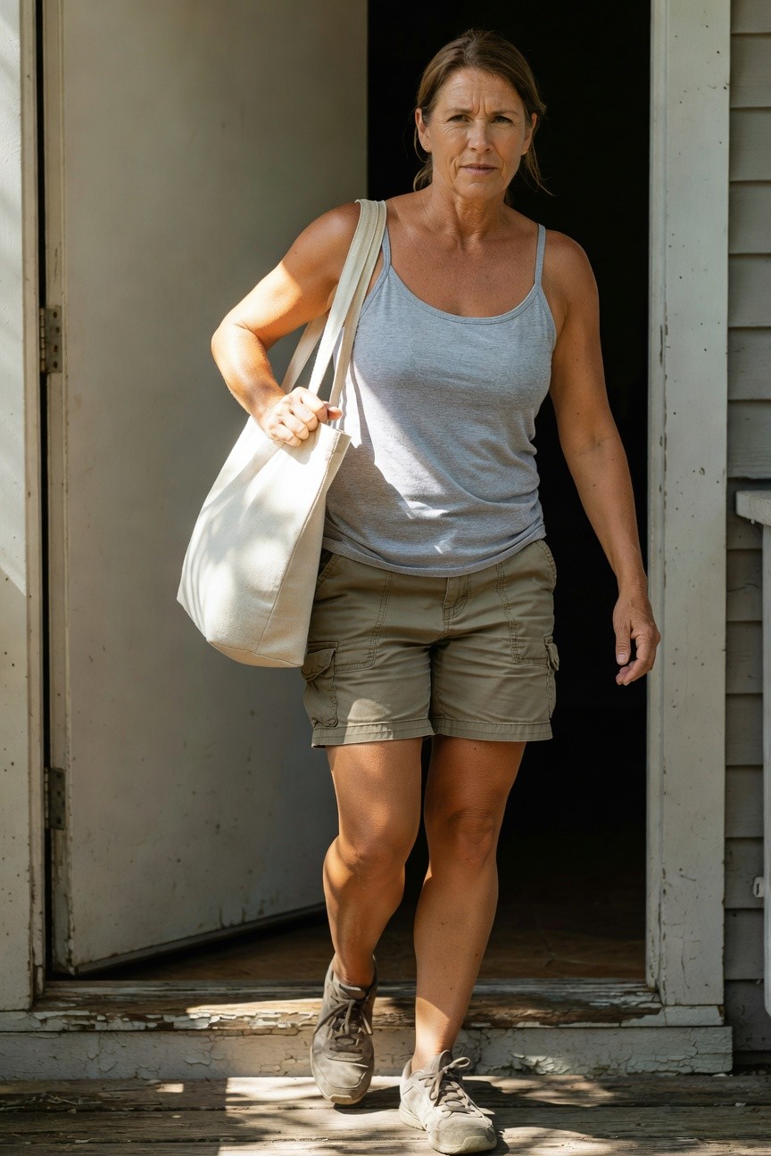 Mid-40s fit woman stepping out a door in gray tank top, khaki cargo shorts, beige canvas tote bag, and gray sneakers, casual hot weather errand style