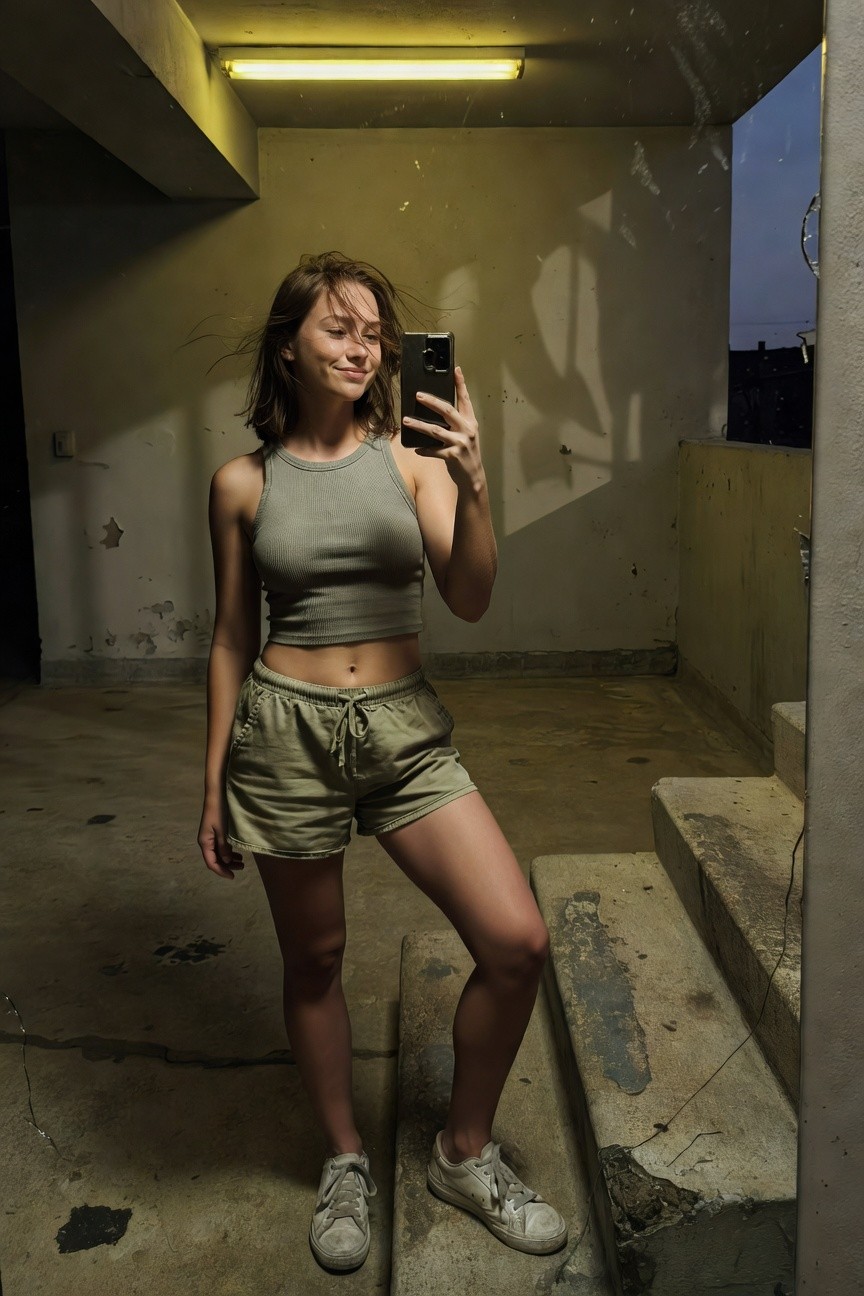 Woman taking a selfie in a gray cropped ribbed tank top and matching drawstring shorts with white sneakers, standing on concrete stairs in a dimly lit enclosed space