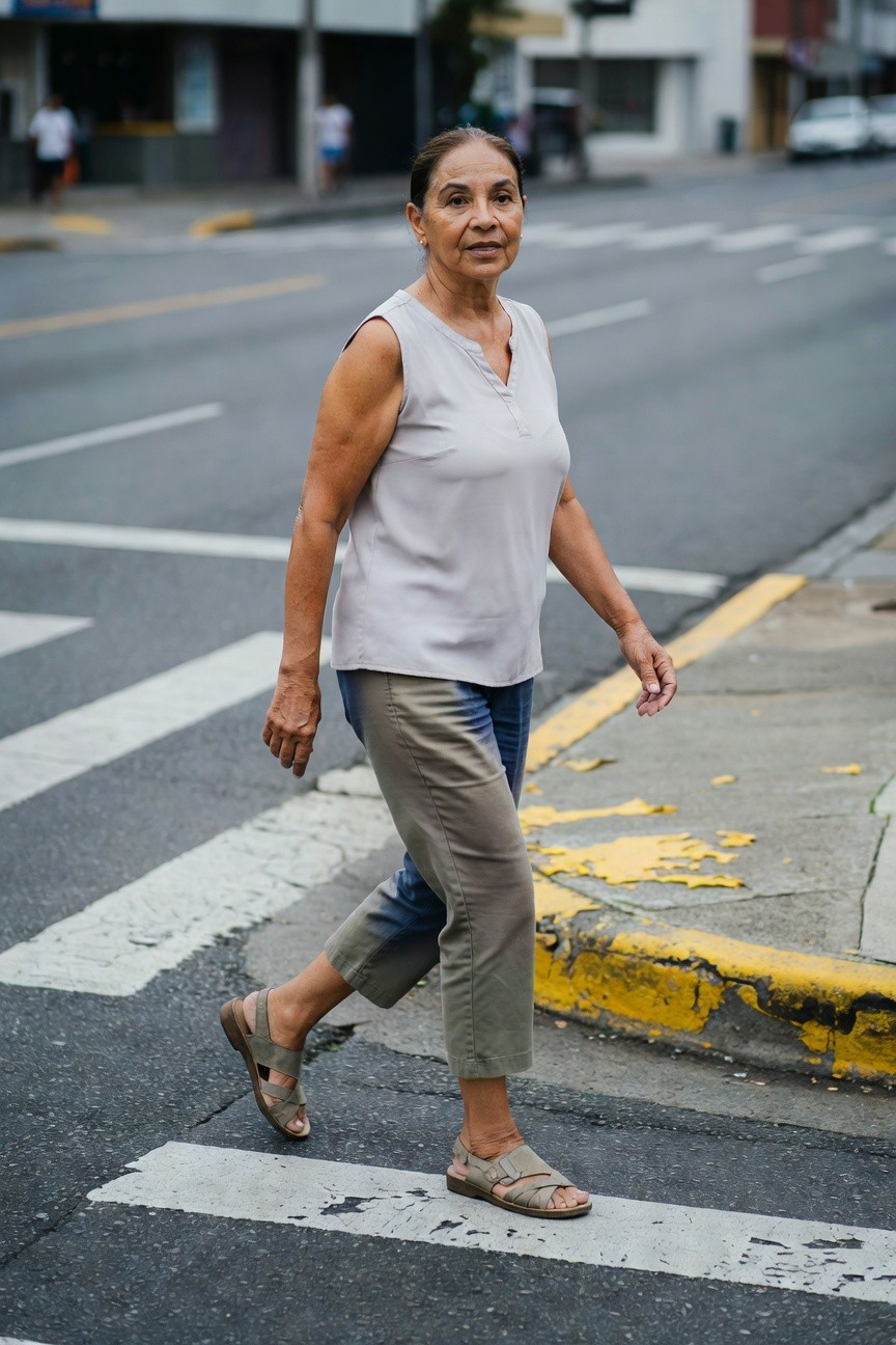 Mature woman with brown skin wearing a light gray sleeveless V-neck tank top, khaki cropped pants rolled at ankles over faded blue jeans, tan strappy sandals, walking across a crosswalk