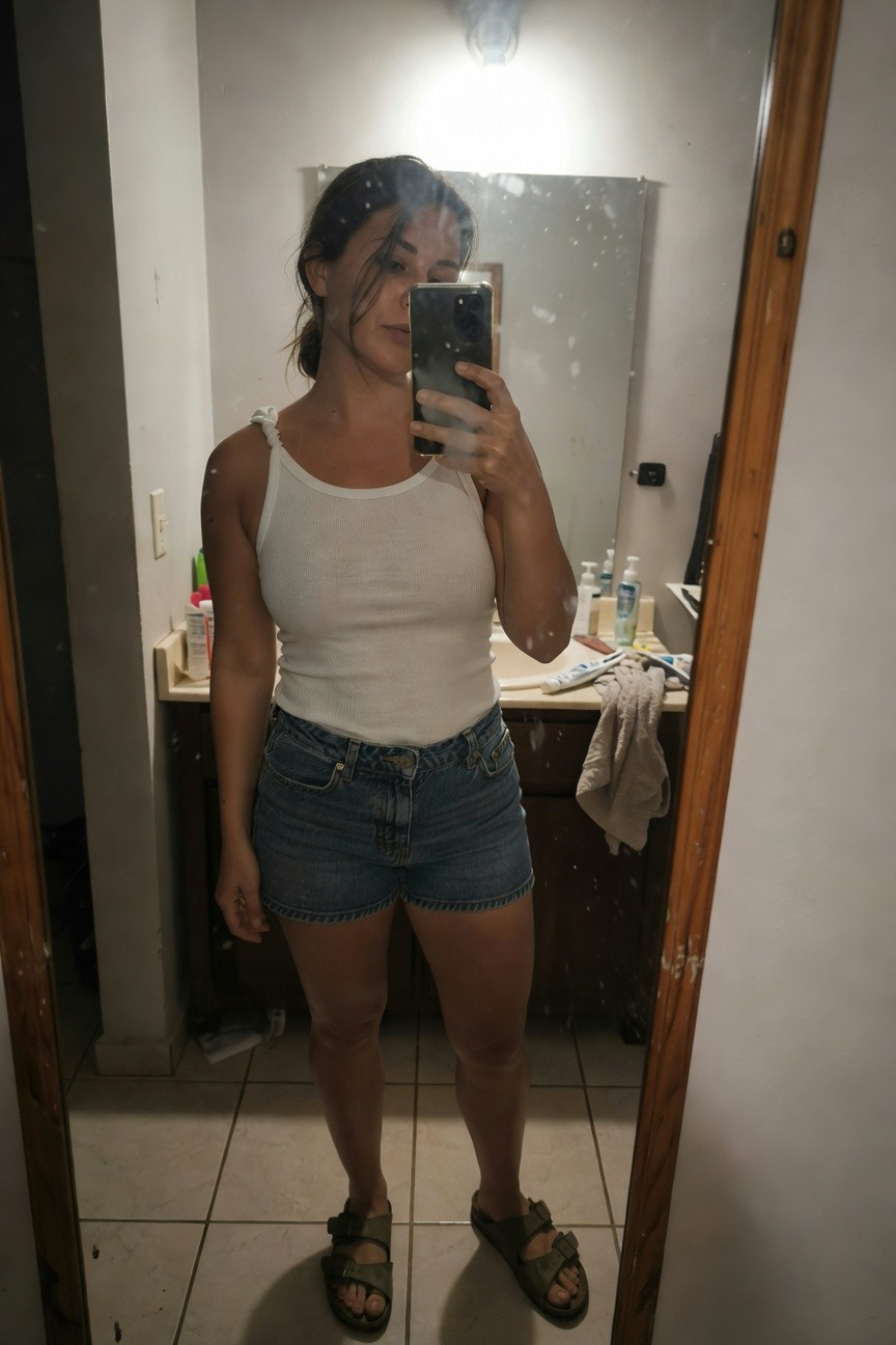 Mirror selfie of brunette woman in fitted white ribbed tank top, high-waisted frayed blue denim shorts, and brown strap sandals standing in tiled bathroom