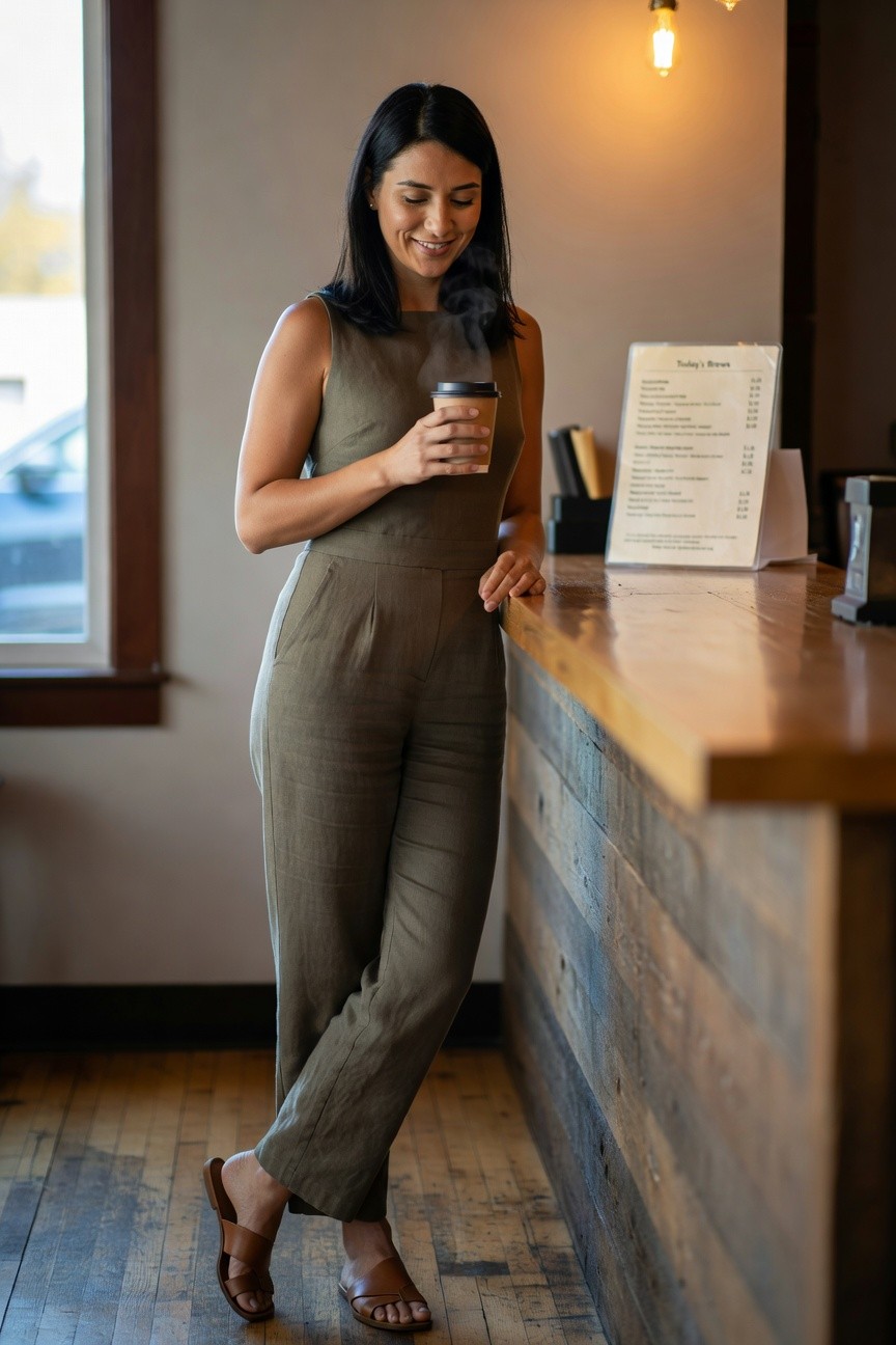 Woman in sage green sleeveless linen wide-leg jumpsuit leaning on a wooden counter holding a coffee cup, wearing brown strappy flat sandals, smiling softly