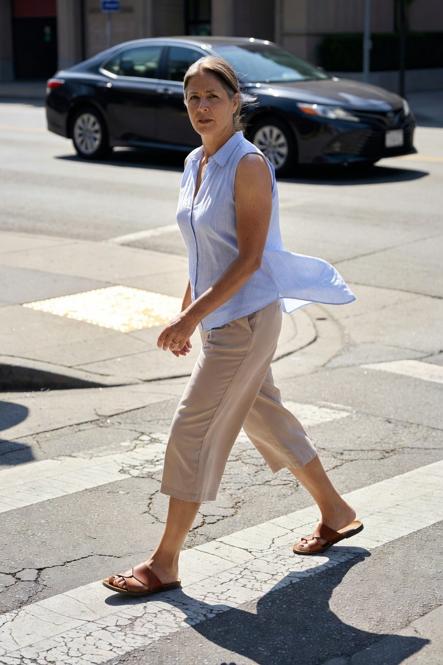 Mature woman walking across crosswalk in light blue sleeveless chambray blouse, beige cropped pants, brown strappy leather sandals, silver hair and subtle ring visible