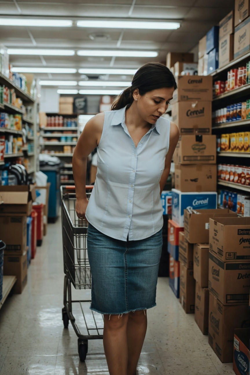 Woman with ponytail wearing sleeveless light blue button-up shirt and high-waisted frayed denim mini skirt, standing by shopping cart in grocery store aisle surrounded by boxes and shelves