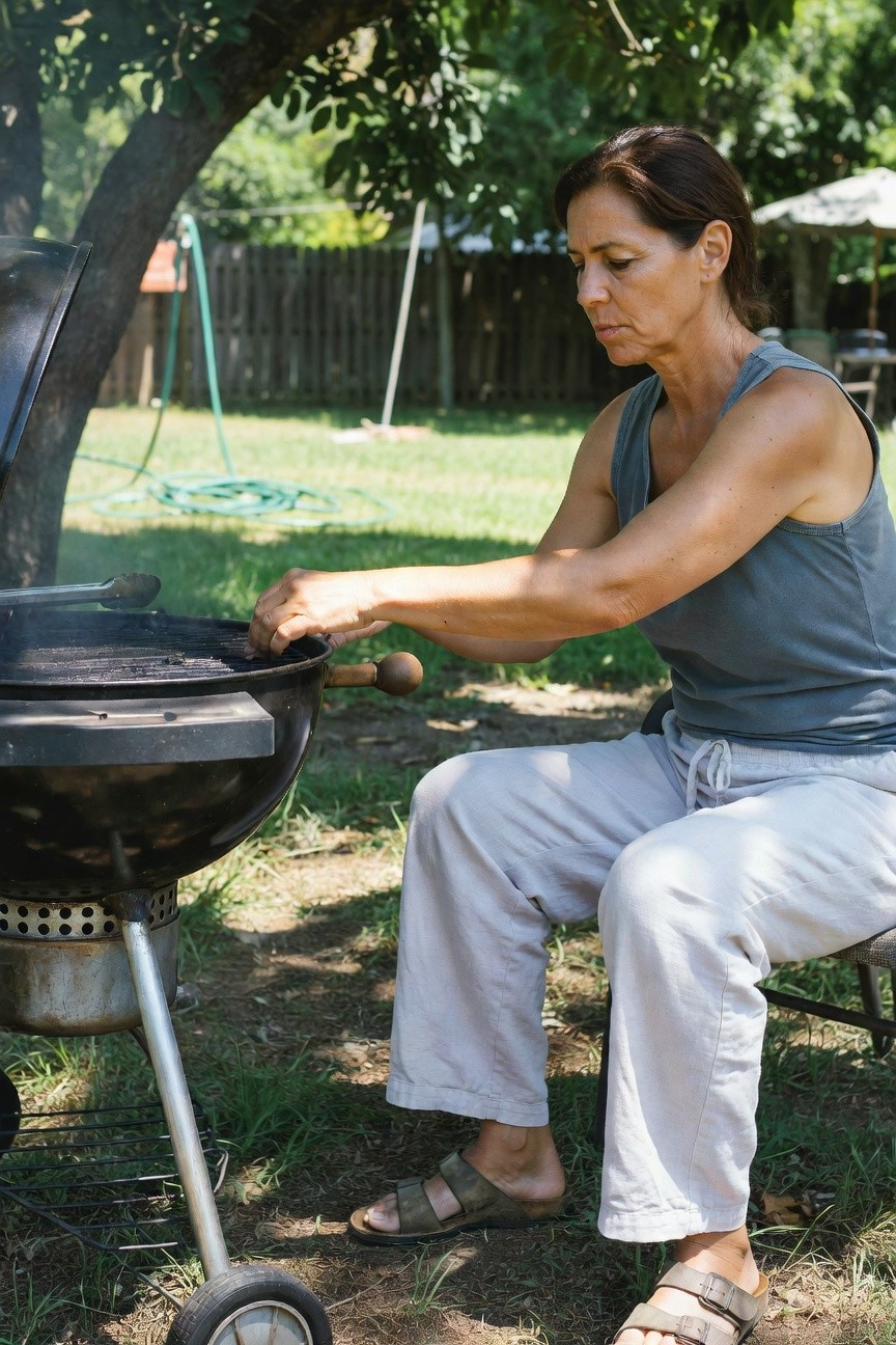Woman in gray sleeveless tank top, light beige loose pants, and gray strap sandals, seated by a backyard barbecue grill while adjusting the coals