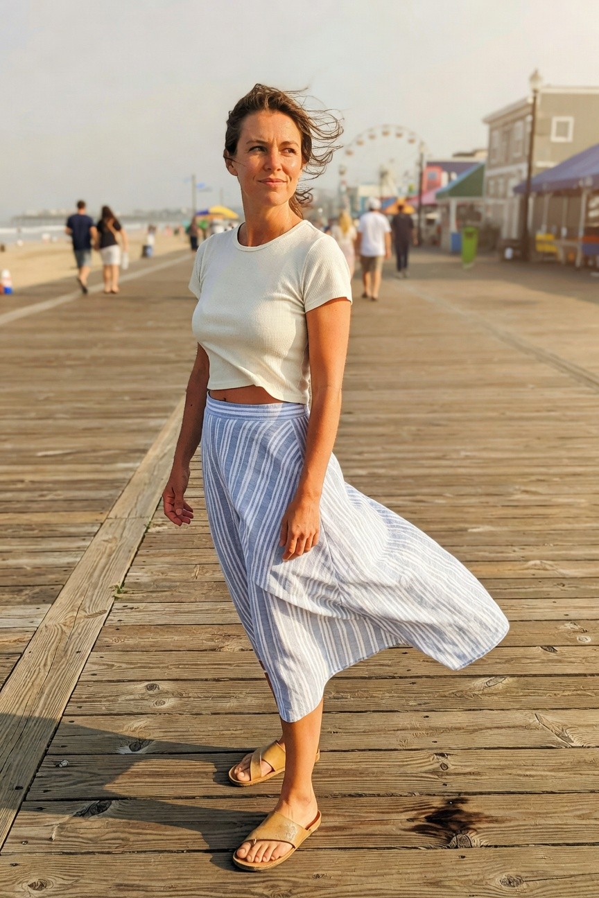 Woman in white short-sleeve ribbed crop top, high-waisted blue-and-white striped midi skirt flowing to one side, tan cross-strap flat sandals, walking on wooden planks