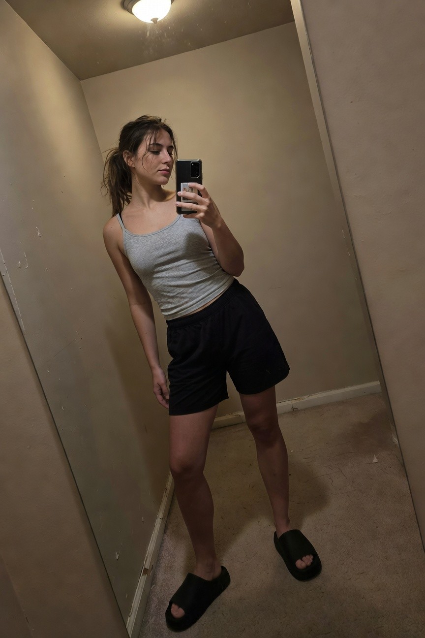 Young woman taking a mirror selfie in a bathroom wearing a light gray spaghetti-strap tank top, black mid-thigh athletic shorts, and black open-toe foam slide sandals, standing casually with one hip cocked.