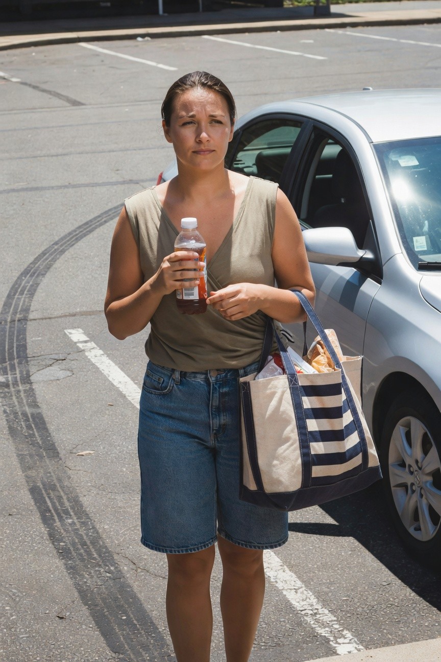 Woman standing by silver car in parking lot wearing olive green sleeveless tank top, light blue denim cutoff shorts, holding orange drink bottle and navy striped canvas tote bag with groceries including bread.