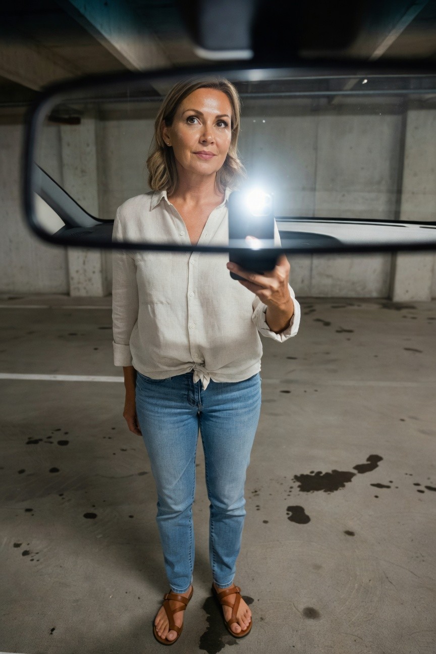 Woman taking a selfie in a car mirror wearing a tied white linen long-sleeve button-up shirt, blue straight-leg jeans, and tan crisscross strap sandals, standing in a concrete parking garage