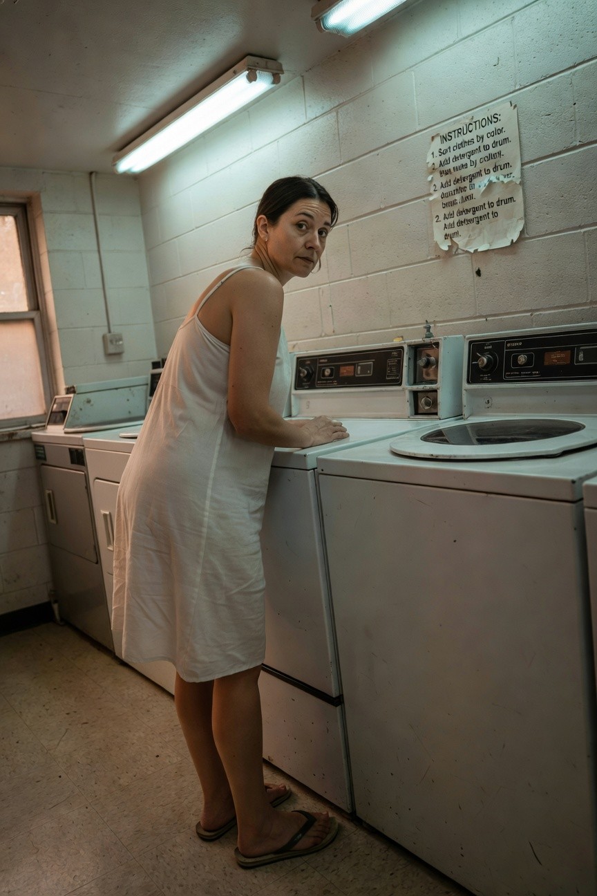 Woman leaning over old washing machines in a laundromat, wearing a white spaghetti-strap slip dress and flip-flops, with dark hair and a curious expression