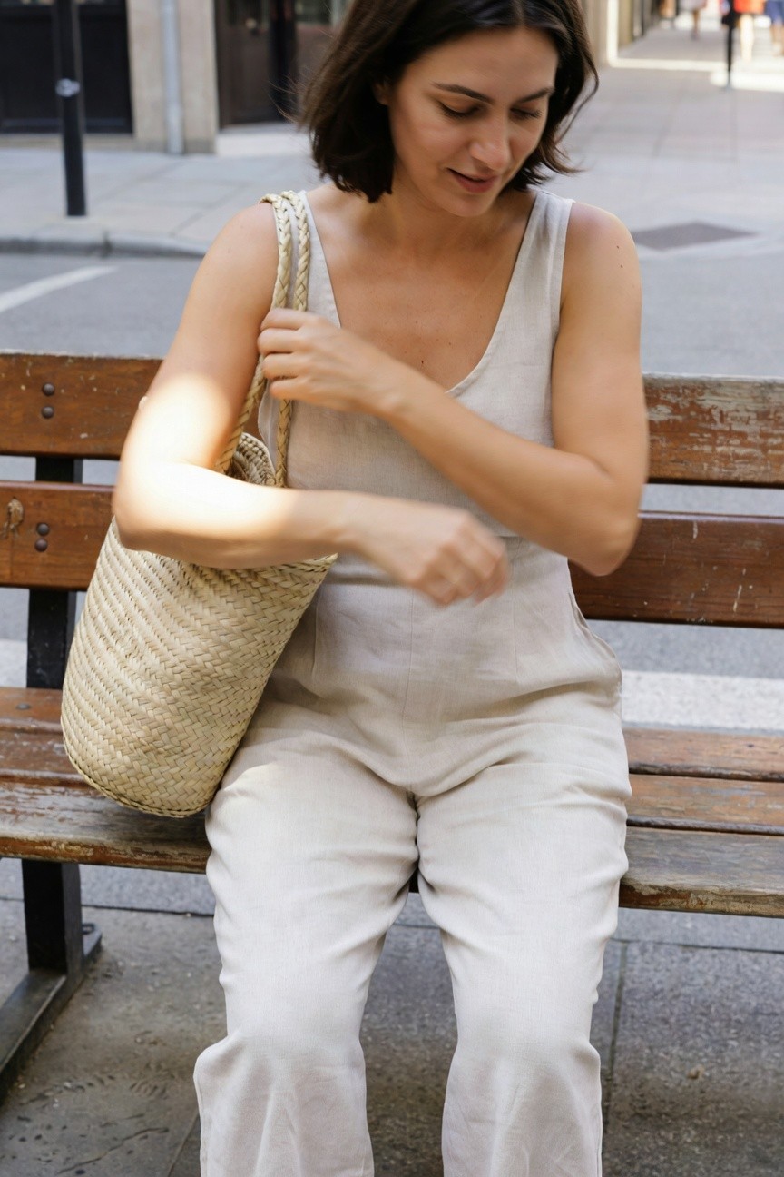 Woman in beige sleeveless wide-leg linen jumpsuit sitting on wooden bench holding tan woven straw tote bag with simple necklace urban street background