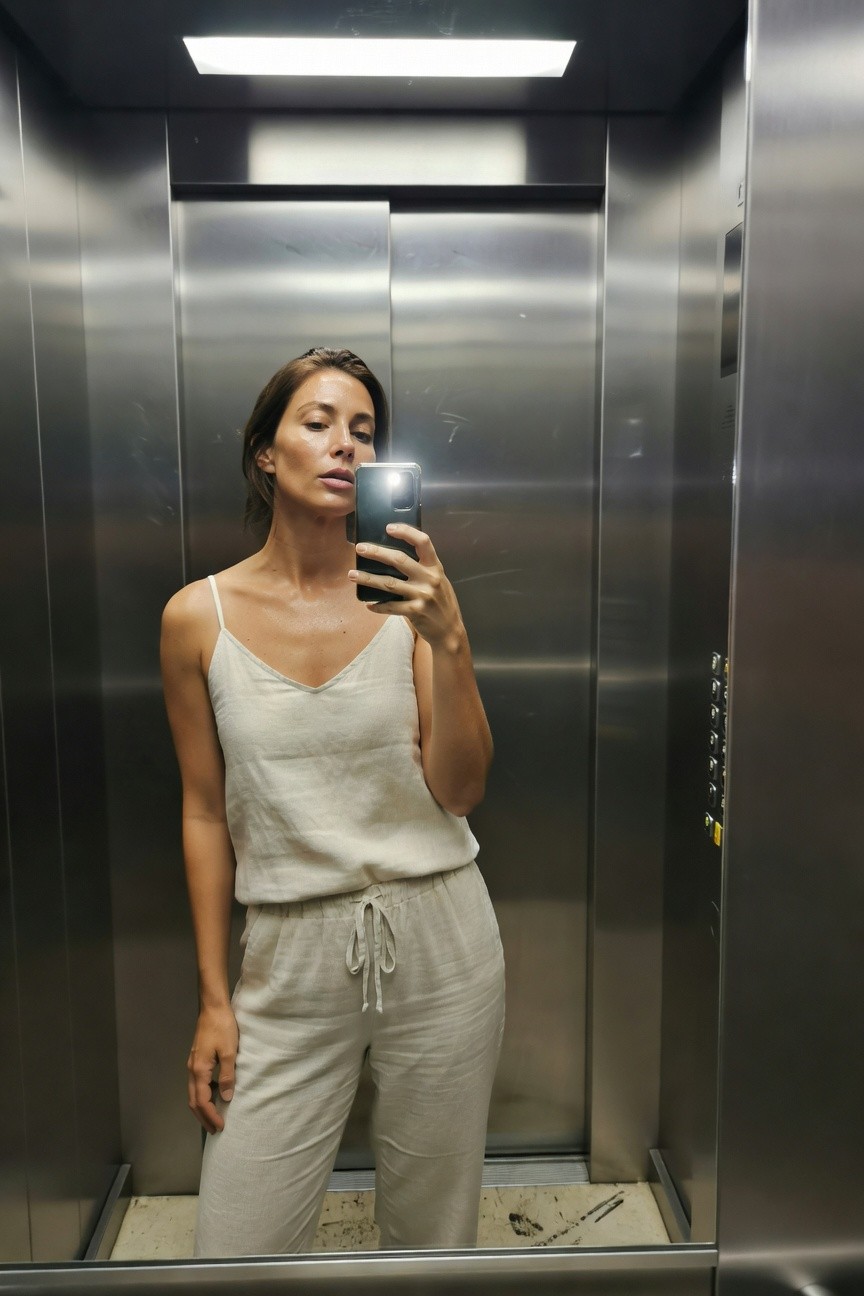 Woman in mirror selfie inside elevator wearing a lightweight beige linen tank jumpsuit with spaghetti straps, V-neckline, drawstring waist, and wide-leg pants