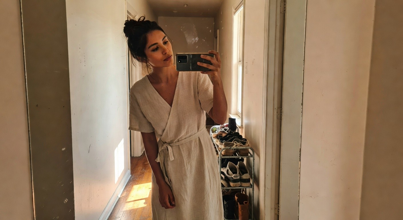 Woman with brunette hair in a messy bun taking a selfie in a pale beige short-sleeve linen wrap dress with waist tie, standing barefoot in a hallway next to a wooden shoe rack filled with sneakers