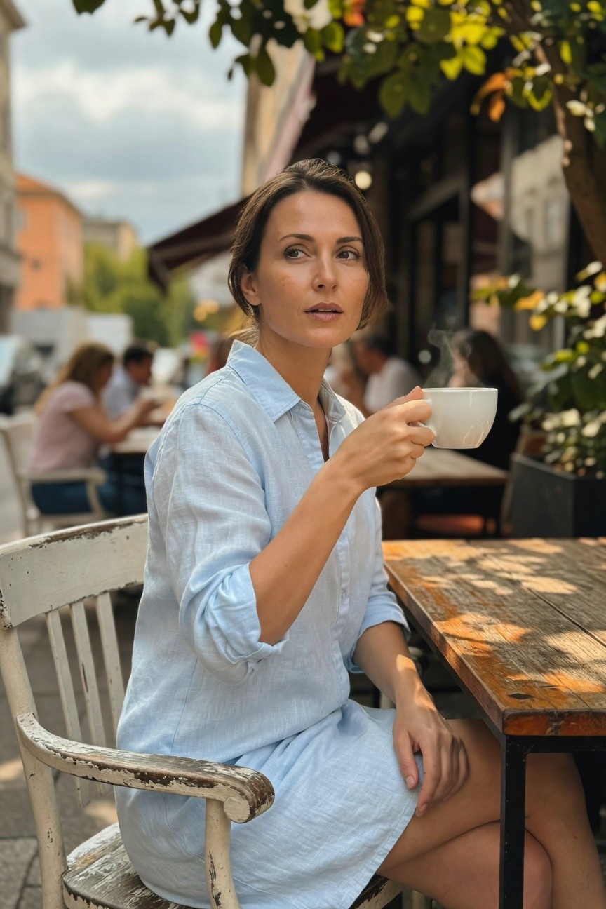 Woman seated in a pale blue linen shirtdress with button front and long loose sleeves, holding a white coffee cup, outdoor cafe table