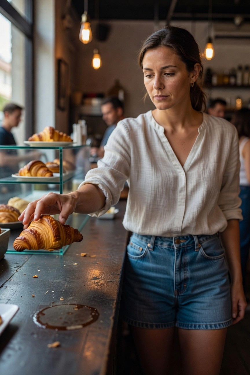Woman wearing a loose white linen long-sleeve blouse with V-neck and rolled cuffs tucked loosely into high-waisted light blue denim cutoff shorts, standing and reaching forward with one hand