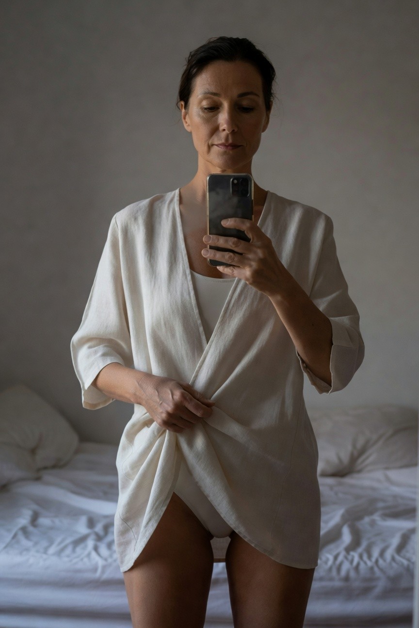 Woman in her 40s taking a mirror selfie in a bedroom, wearing an open white linen kimono-style robe with wide sleeves over a white tank top, bare legs visible, holding iPhone