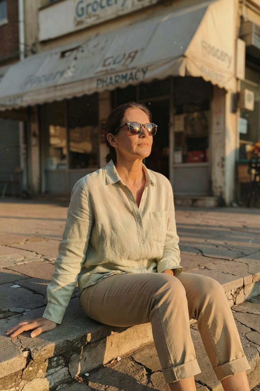 Woman in her 40s or 50s with short dark hair wearing oversized sunglasses, a pale green long-sleeve linen button-down shirt partially unbuttoned at the collar, and beige straight-leg pants cuffed at the ankles, sitting sideways on stone steps with one hand resting on the step