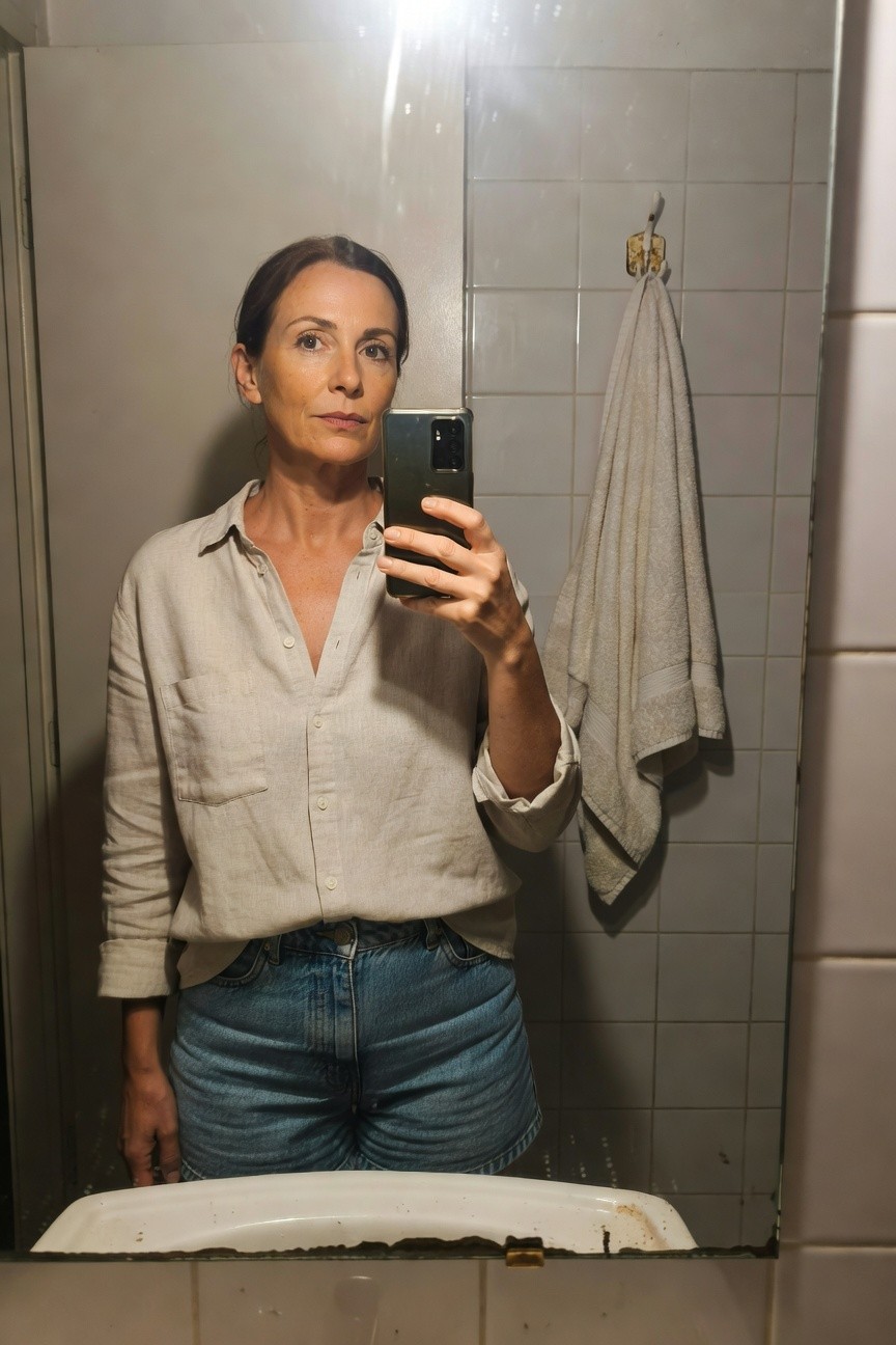 Mirror selfie of a woman in her 40s wearing a loose beige linen button-up shirt with open collar and blue high-waisted straight-leg jeans, standing in a tiled bathroom with towel hook and sink visible
