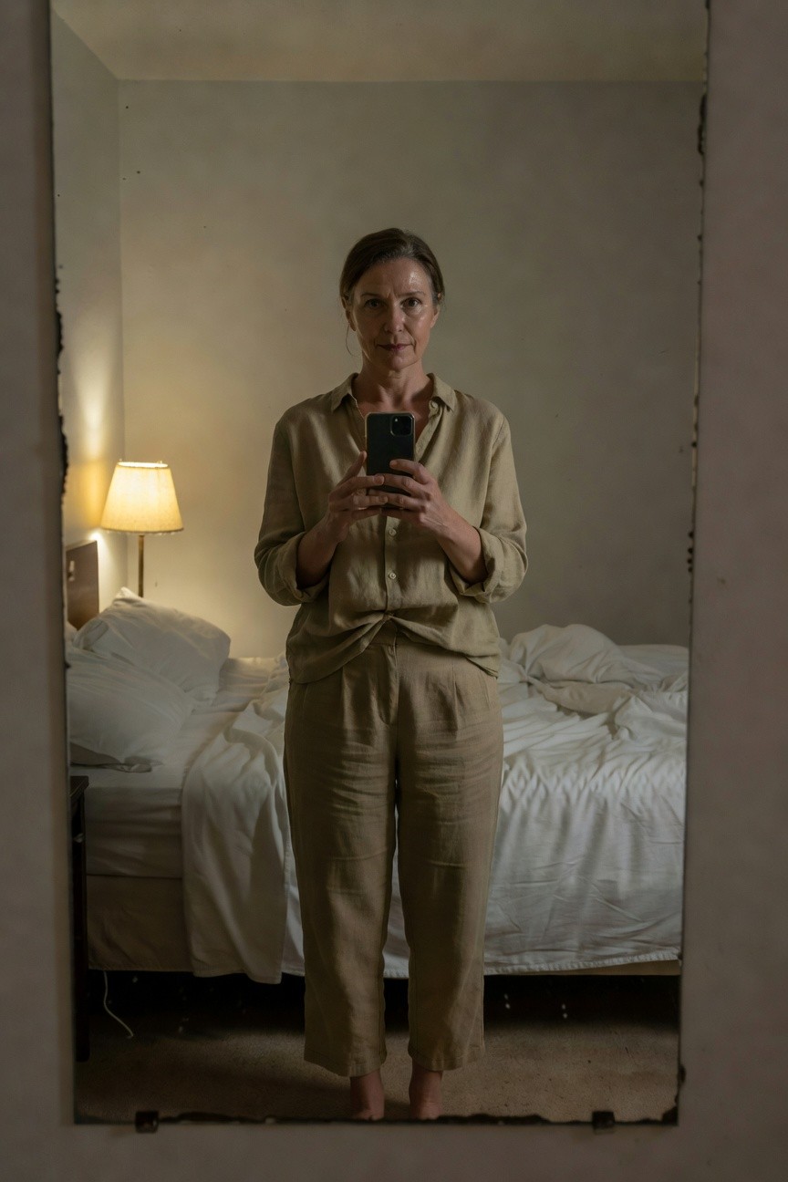 Woman in beige linen long-sleeve button-up shirt and wide-leg trousers stands barefoot before a bedroom mirror holding her phone for a selfie with rumpled bed and lamp in background