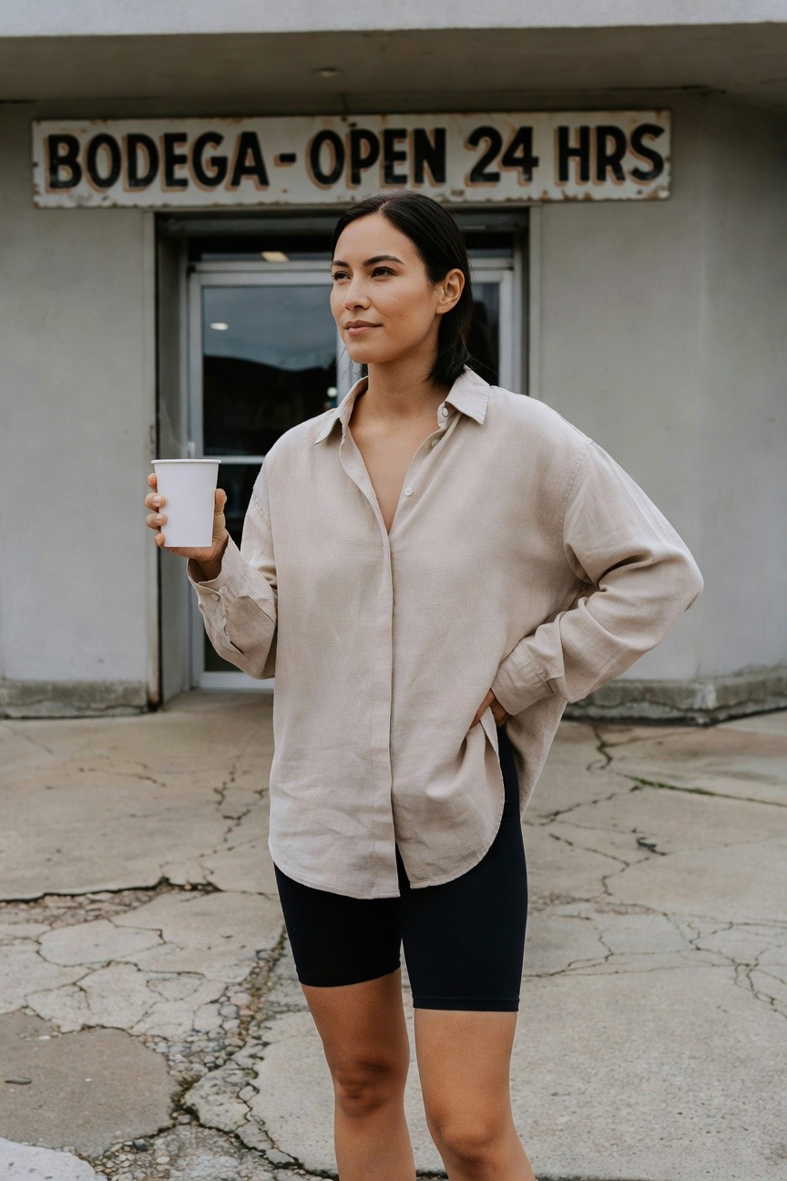 Woman in oversized pale beige linen button-down shirt partially unbuttoned at the top with wide sleeves, paired with black bike shorts, standing casually while holding a white coffee cup in one hand and hand on hip