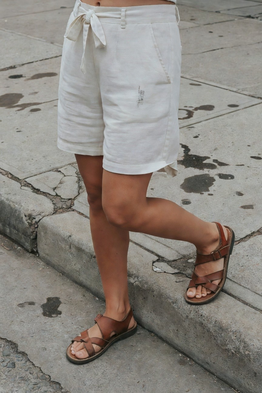Close-up of a woman standing on concrete steps wearing white linen tie-waist shorts that expose her midriff and tan legs, paired with brown leather cross-strap sandals, casual summer outfit focus on lower body.